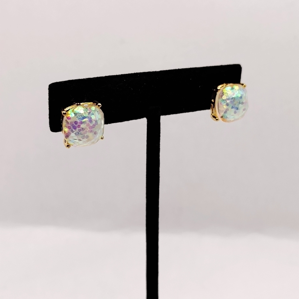 Riah Fashion Iridescent Glitter Stud Earrings Gold Square - Picture 2 of 10